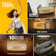 UBON Shahenshah SP-65G, 20 watt Portable Bluetooth Speaker, 10 Hours Long Playtime, RGB Lights, Multiple Connectivity Wireless Party Speaker (Gold)