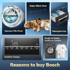 Bosch 7 kg 5 Star Front Load Fully-Automatic Washing Machine, Antibacterial Tech, AI ActiveWater, 15 Wash Programs, 53L Large Drum, SoftCare Paddle, Silver, WAJ24266IN (2026 Model)