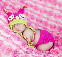 MOMISY Newborn Photography Prop Crochet Owl Costume 2Pcs Handmade Knitted Hat Diaper Photoshoot Outfit for Baby, Bird (0-8 Months, Pink Green- Bird)