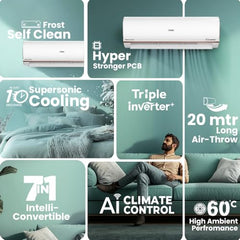 Haier 1.5 Ton 4 Star AI Climate Control Smart Split AC (5250 Watts, Copper, Wi-Fi, 4-Way Swing, Triple Inverter, 7 in 1, Frost Self Clean, HD Filter, Cools at 60Â°C - HSU18K-PYAIR4BN-INV, White)