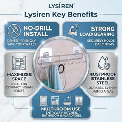 LYSIREN Door Hangers for Clothes, Hanger for Wall – Stainless Steel Bathroom Wall Hook with 6 Hooks, Self Adhesive Magic Sticker Door & Wall Hanger for Towel, Kitchen & Clothes, 5 Kg Capacity, Silver