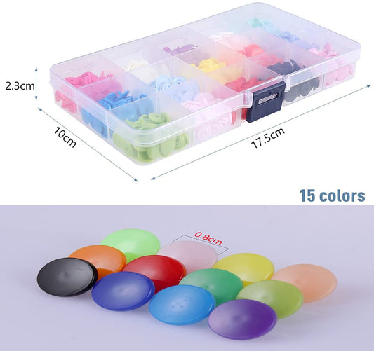 SYGA Plastic Snap Buttons Set-300 pcs T5 Fastener Snap Button with 15 Colors (20 Each) Press Stud for Sewing, Craft, Embroidery, DIY Clothing, No-Sew for Baby Cloth Diapers, Bibs, Different Fabrics-Multicolour