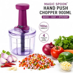 MAGIC SPOON Hand Push Chopper 1000ML, Vegetable & Onion Chopper with 4 Stainless Steel Blades, Manual Food Chopper for Garlic, Chilli, Dry Fruits, Nuts Cutter & Salad Preparation for Kitchen, Pista