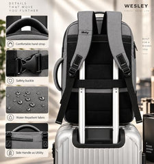 Wesley Luxur 45 Ltrs Overnighter Expandable Travel Laptop Backpack, Flight Cabin Approved Carry On with 16 inch Laptop Compartment, Anti Theft feature business/Travel/Weekender/college Charcoal Black