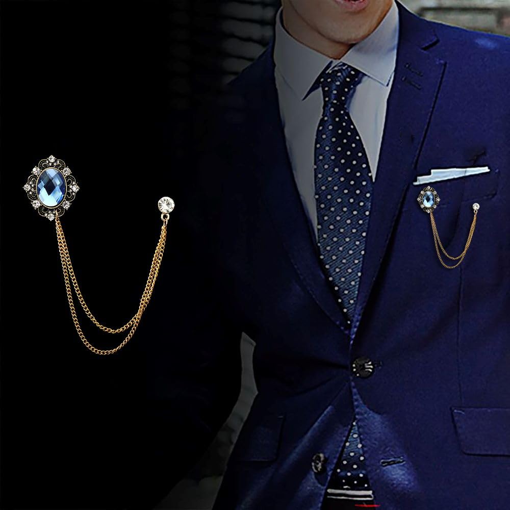 SYGA Men's & Women Suit Shirt Stud Lapel Pin Chain Tassel Brooch Pin with Crystal Chain(Mirror Gem gold)