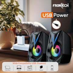 FRONTECH Multimedia Speakers, 12W Output, 2.0 Channel Stereo Sound, RGB Lighting, USB Powered, 3.5mm AUX, 1 Year Warranty (SPK-0014)