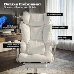 DROGO Emperium Office Chair for Work from Home 400LBS | Ergonomic Executive Boss Chair with PU Leather,High Back, Spacious Cushion Seat & Pumping Lumbar Support | Premium Metal Base & Footrest (White)