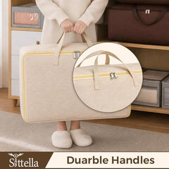 SITTELLA 2 Pack Large Foldable Storage Bags 58 L | Fabric Storage Organizer Box with Zip | Blanket, Quilt & Household Item Storage | Space Saving Storage Container | Beige
