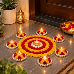 Webelkart Premium Pack of 9 Diwali Decoration Flower Rangoli Diwali Decorative Rangoli with Diya Set, Tea Light Candle Holder Floor Rangoli Festival Decor Home,Deepawali Center 10" and Samll 4" in