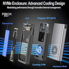 PiBOX India NVME M2 Enclosure Fan, SSD Enclosure - USB 3.2 10Gbps, Tool-Free M.2 NVMe Case, PCI-E NVMe Reader, USB-C, Supports M & B&M Keys, 2230/2242