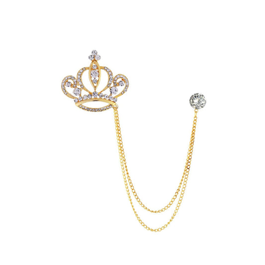 SYGA Luxury Crown Style Brooch for Men's & Women Suit Shirt Stud Brooch Lapel Pin Brooch Pin Chain Tassel Brooch Pin with Crystal Chain(Golden hearts crown)