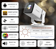 E GATE Atom 3X Projector 4k Ultra HD, Automatic Keystone & Precise Focus, 1080p Native | Rotatable Design | Android 14, Netflix Prime 11,000 Lumens, HDMI-ARC WiFi-6 BT, for Home use Egate