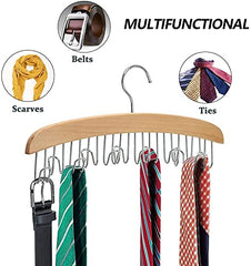 MOMISY Wooden Hanger with 12 Hooks Adjustable Tie, Belt, Scarf & Jewelry Organizer, Brown, Glossy Finish