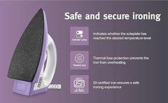 USHA Armor 1100 watts Dry Iron with Shock Proof Plastic Body | Single Coat Black Non Stick Soleplate for Longer Durability|Overheat Safety Shutoff |180° Swivel Cord | 2 Years Warranty|(Purple & White)