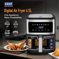 KENT Digital Air Fryer 5L | 1400W | Bake, Grill & Roast | Up to 80% Less Oil Usage | 8 Preset Menu | Rapid Heat Circulation | Digital Display & Touch Control Panel | Glass Window with in built Light
