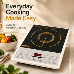 KAPLI 2000 W Induction Cooktop with Touch Panel, 8 Preset Cooking Functions, 4-Digit LED Display, Auto Pan Detection & High-Low Voltage Protection – Black & White
