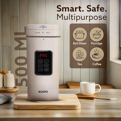 AGARO Delite Portable Electric Kettle, 500 Ml, Fast Boiling, Adjustable Temperature, Keep Warm, Dechlorination, Porridge, Double Layered Body, Travel Electric Kettle, Hot Water, White