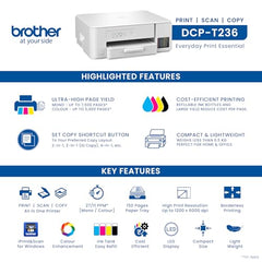 Brother Ink Tank DCP-T236 (New Launch) All in One (Print Scan Copy) Color Home Printer, 27/11 PPM BK/CL, 150 Sheet Paper Tray, Print Upto 7.5K Pages in Black & 5K in Color Each (CMY),Free Installation