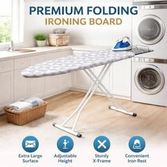 STEFFAN Heavy Duty Vertical Ironing Board, Foldable, 19 mm Metal Bracket, Adjustable Height, Pure Cotton Cover, Lattice Design | Clothes Iron Table| Home Laundry Accessory | 111x30 cm, Pink