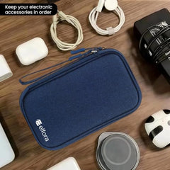 Elfora Compact Cable Organizer Bag | Double Layer Storage Pouch for Cables, Chargers, AirPods, Power Bank & Other Accessories | Durable & Portable Nylon Travel Case with Mesh Pockets – Blue