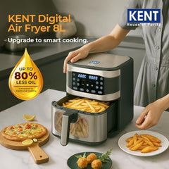 KENT Digital Air Fryer 5L | 1400W | Bake, Grill & Roast | Up to 80% Less Oil Usage | 8 Preset Menu | Rapid Heat Circulation | Digital Display & Touch Control Panel | Glass Window with in built Light