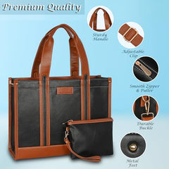 Womanix Canvas Laptop Tote Bag,14 inch Laptop Bag, Black Shoulder Bag, Casual Briefcase, Tote Bag For Women, Travel, Office, College