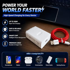 100W Fast Charger with 1 Meter USB to Type-C Cable Compatible with Vooc/SuperVOOC/Warp/Dart/Flash Charging for OnePlus Oppo Realme Vivo Xiaomi Samsung Type C Devices