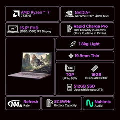 Lenovo LOQ Essential AMD Ryzen 5 7535HS | NVIDIA RTX 3050 6GB (16GB RAM/512GB SSD/144Hz Refresh Rate/15.6" (39.6cm)/Windows 11/Office Home 2024/3 Mon. Game Pass/Grey/1.8Kg), 83S000G8IN Gaming Laptop
