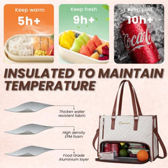 OCEANEVO 2 in 1 Stylish Laptop Tote Bag for Women Office use with Insulated Lunch Bag Compartment includes Small Pouch and Luggage Tag, Laptop Handbag for Office, Travel - 42x32x16 Cm - White-Brown
