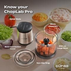 CÜRAA Chopper Electric for Kitchen | ChopLab Pro By Chef Sanjyot Keer | Compact Electric Chopper for Vegetable Chopping & Meat Mincing | Stainless Steel 4-Plane Blades | Black