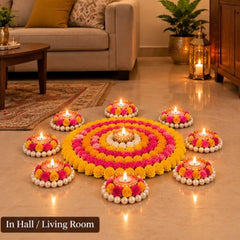 Webelkart Premium Pack of 9 Diwali Decoration Flower Rangoli Diwali Decorative Rangoli with Diya Set, Tea Light Candle Holder Floor Rangoli Festival Decor Home,Deepawali Center 10" and Samll 4" in