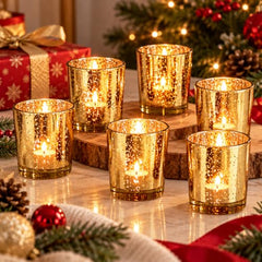 The Purple Tree Rose Gold Mercury Votive Tealight Candle Holders for Diwali and Christmas (Pack of 6) - Corporate Gifts, Home Decor, Decoration - Glass