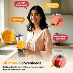InstaCuppa Portable Blender Bottle, Long Lasting 6000 mAh Battery with Fast Charging, LED Display for Battery Status & 40-Second Blend Timer, Sipper Lid & Detachable Bottom Cap, 230 Watts, 600 ML