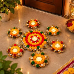 Webelkart Premium Pack of 9 Diwali Decoration Flower Rangoli Diwali Decorative Rangoli with Diya Set, Tea Light Candle Holder Floor Rangoli Festival Decor Home,Deepawali Center 10" and Samll 4" in