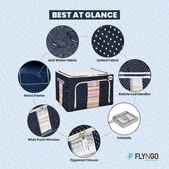 FLYNGO Foldable Steel Frame Clothes Organizer Storage Box For Wardrobe, Saree, Shirts, And Blankets (66 Ltr - Pack Of 2, Oxford Fabric), Blue