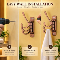 iSTAR Wall Hooks for Hanging | Flexible 4 Pin Hooks Bathroom Cloth Hanger Wall Hook Door Robe Hooks for Hanging Keys, Clothes, Towel (Rose Gold, Pack of 3)