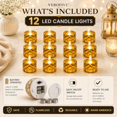 VEROFIVE Crystal LED Tea Light Candles, Pack of 12 – Diwali & Home Décor