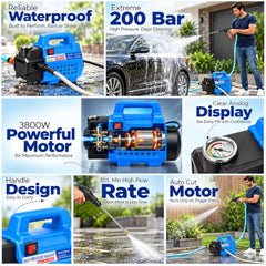COSS MAX CM200HD High Pressure Washer for Car, Bike, Home & Garden Cleaning, 3800W Induction Motor, 200 Bar, 10 L/Min Flow, 7M Hose, Portable Car Washing Machine with Spray Gun