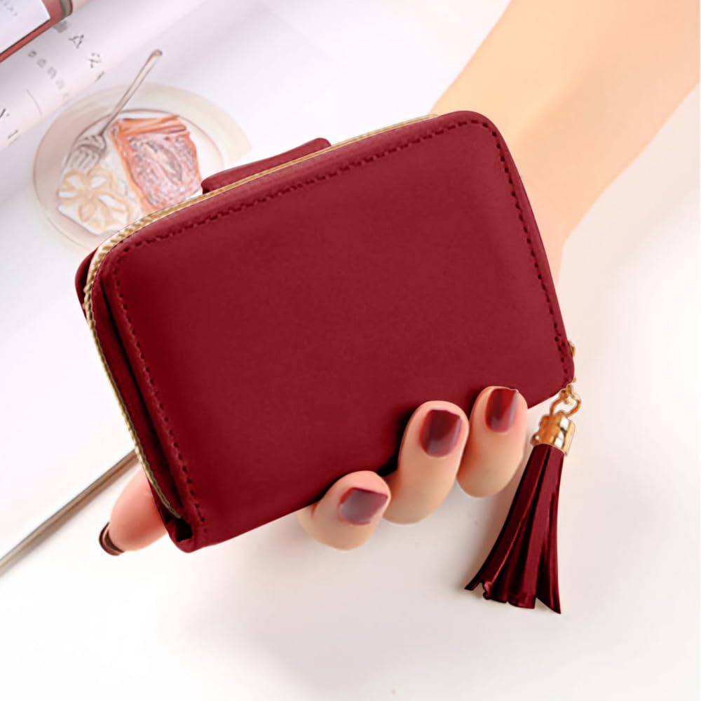 SYGA Women's Short Wallet Women's Zipper Wallet Large Capacity Tassel Women's Bag