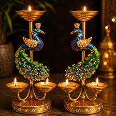 Pranjals House Peacock Metal Tealight Candle Holder Set of 2,Ideal for Pooja, Festival & Diwali Decor