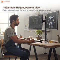 BonKaso Dual Monitor Stand for Desk | Height Adjustable Alloy Steel Arm Mount for 13”–27” Screens | 360° Rotation, Tilt & Swivel, Cable Management, Space-Saving Dual Arm Monitor Mount (Black & White)