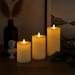 Chronos Pleated Ivory LED Moving Wick Pillar Candle | 4 Inch | White