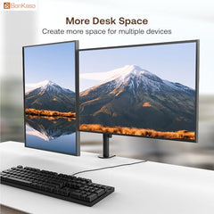 BonKaso Dual Monitor Stand for Desk | Height Adjustable Alloy Steel Arm Mount for 13”–27” Screens | 360° Rotation, Tilt & Swivel, Cable Management, Space-Saving Dual Arm Monitor Mount (Black & White)