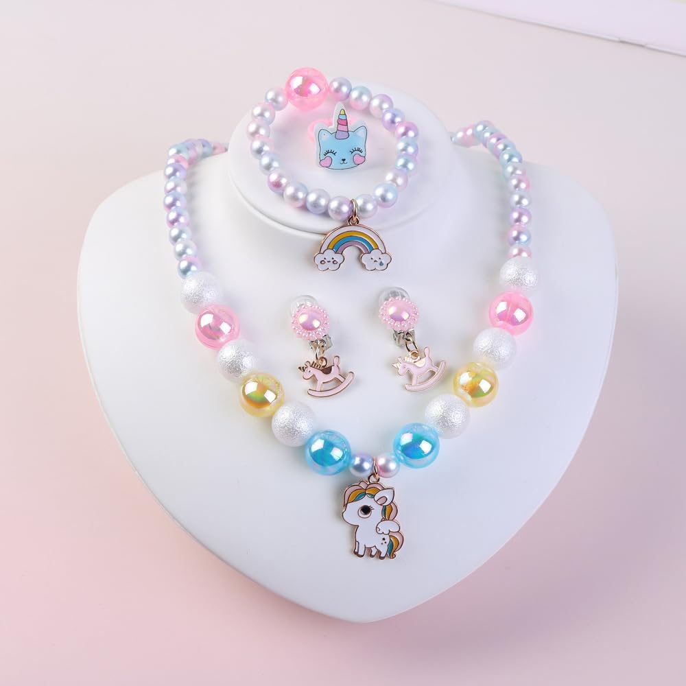 SYGA Children's Five-Piece Set Jewelry Set for Girls, Necklace, Earrings, Bracelet and Ring For Kids, Girl, Gift, Party (Red)