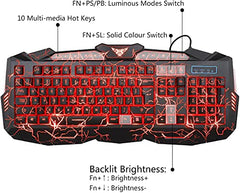 MFTEK Gaming Combo - LED Backlit USB Wired Keyboard and Mouse | 7 Button Lighted Mouse and Large Size Mouse Pad | Mechanical Feeling Keyboard | 114 Keys Letters Glow | Combo Set of 3 (Black)