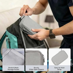 Elfora Compact Cable Organizer Bag | Double Layer Storage Pouch for Cables, Chargers, AirPods, Power Bank & Other Accessories | Durable & Portable Nylon Travel Case with Mesh Pockets – Blue