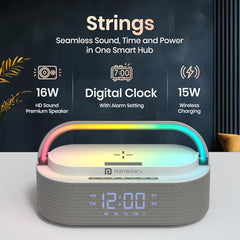 Portronics String 16W HD Sound Bluetooth Speaker with 15W Wireless Charging, RGB LED Lights, Digital Clock with Alarm Setting, Built-in White Noise, USB/SD Card/AUX in, Type C Charging(White)