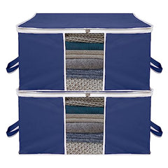 Kuber Industries Non-Woven Underbed Storage Bag|Clothes Storage Organizer|Blanket Cover With Clear Window|Zipper Closure&Handle Cloth Organizer|Plain White Border|Large|Pack Of 6|Royal Blue,32Cm,48Cm