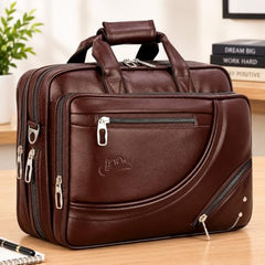 Leather World Vegan Leather 15.6 Inch Laptop Office Briefcase Messenger Bag Satchel for Men and Women, with Adjustable Strap and Expandable Bottom (Brown)