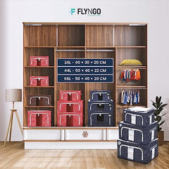 FLYNGO Foldable Steel Frame Clothes Organizer Storage Box For Wardrobe, Saree, Shirts, And Blankets (66 Ltr - Pack Of 2, Oxford Fabric), Blue